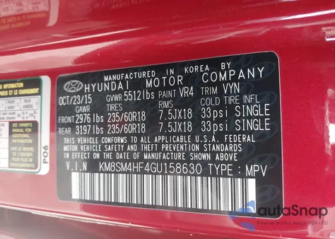 2016 Hyundai Santa Fe Se z USA, uszkodzony, nr VIN KM8SM4HF4GU158630